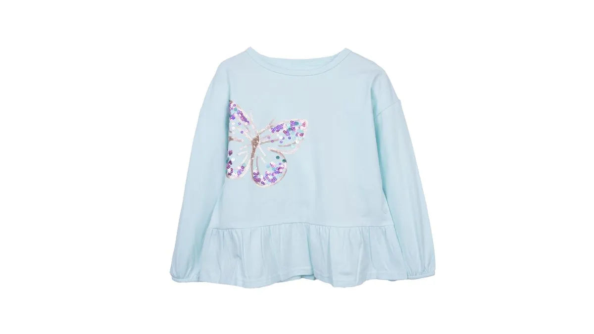 Polera Niña Manga Larga con Vuelo y Lentejuelas Aqua
