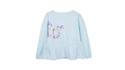 Polera Niña Manga Larga con Vuelo y Lentejuelas Aqua