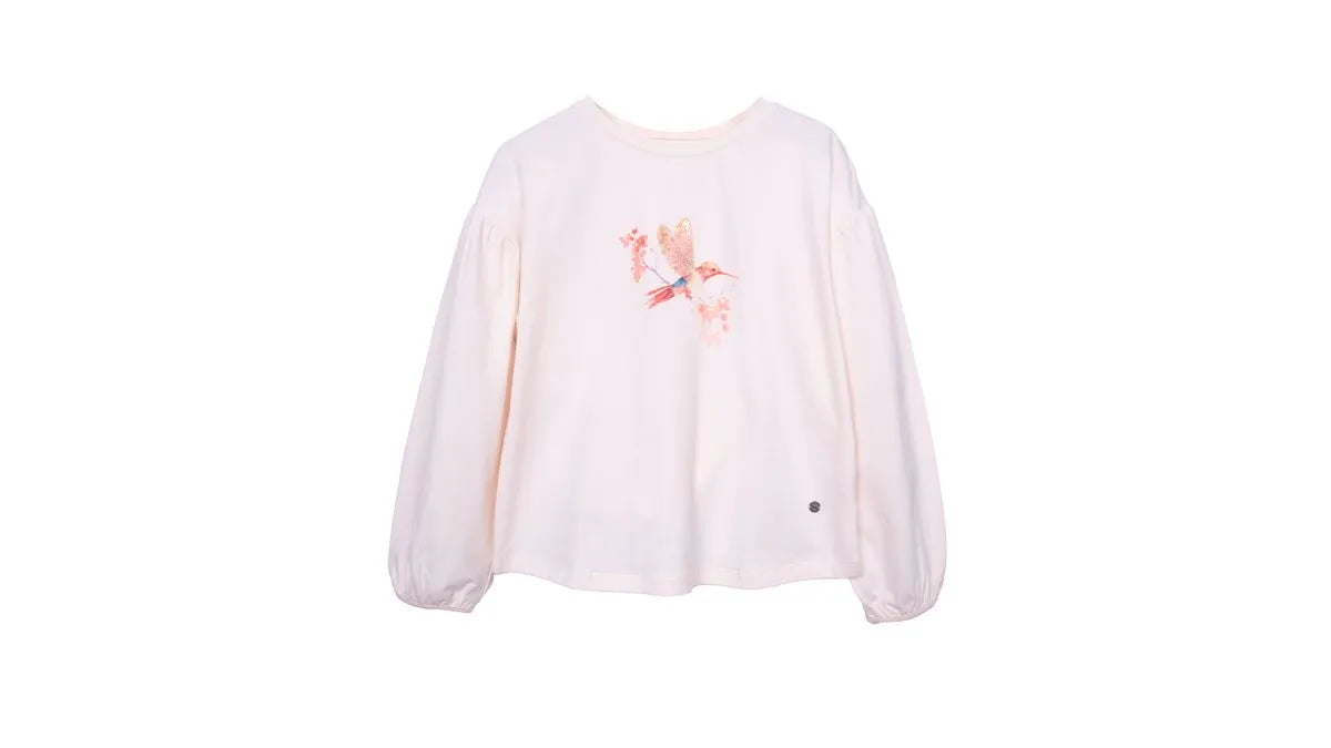 Polera Niña Manga Globo Estampado Colibrí Crudo