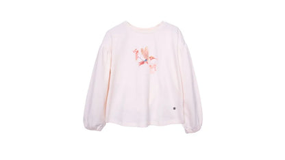 Polera Niña Manga Globo Estampado Colibrí Crudo