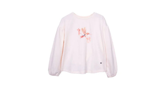 Polera Niña Manga Globo Estampado Colibrí Crudo