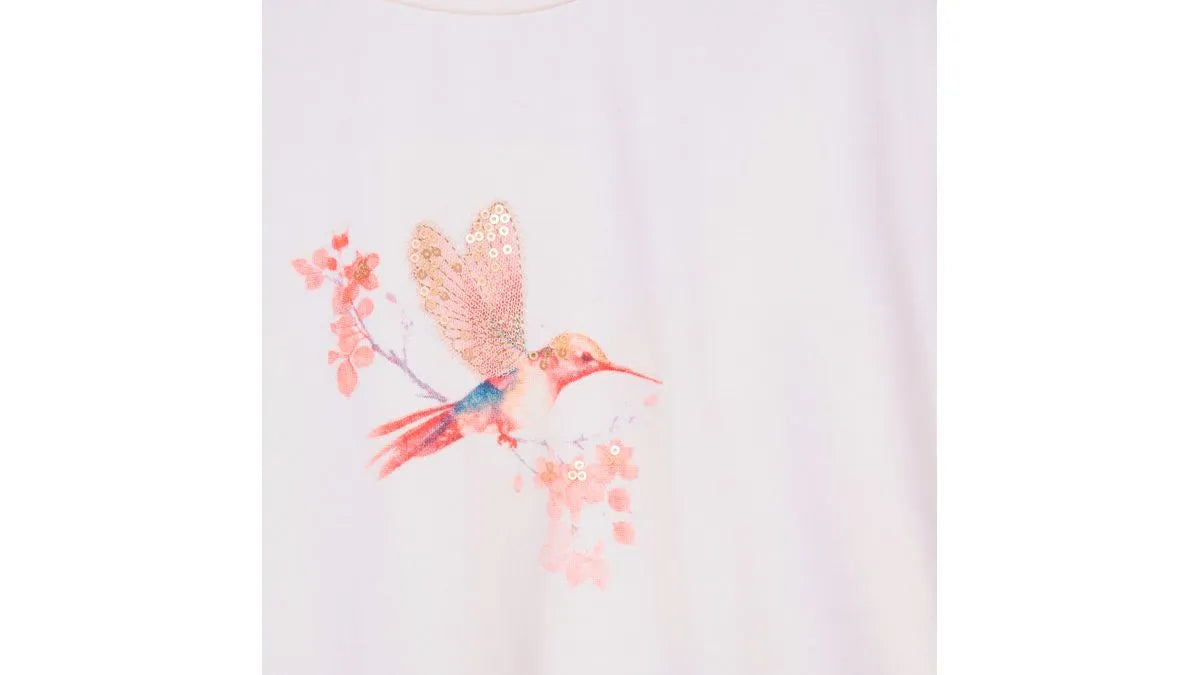 Polera Niña Manga Globo Estampado Colibrí Crudo