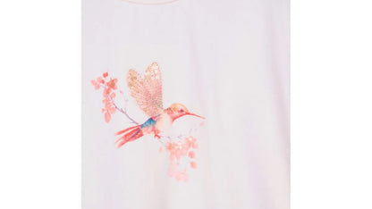 Polera Niña Manga Globo Estampado Colibrí Crudo