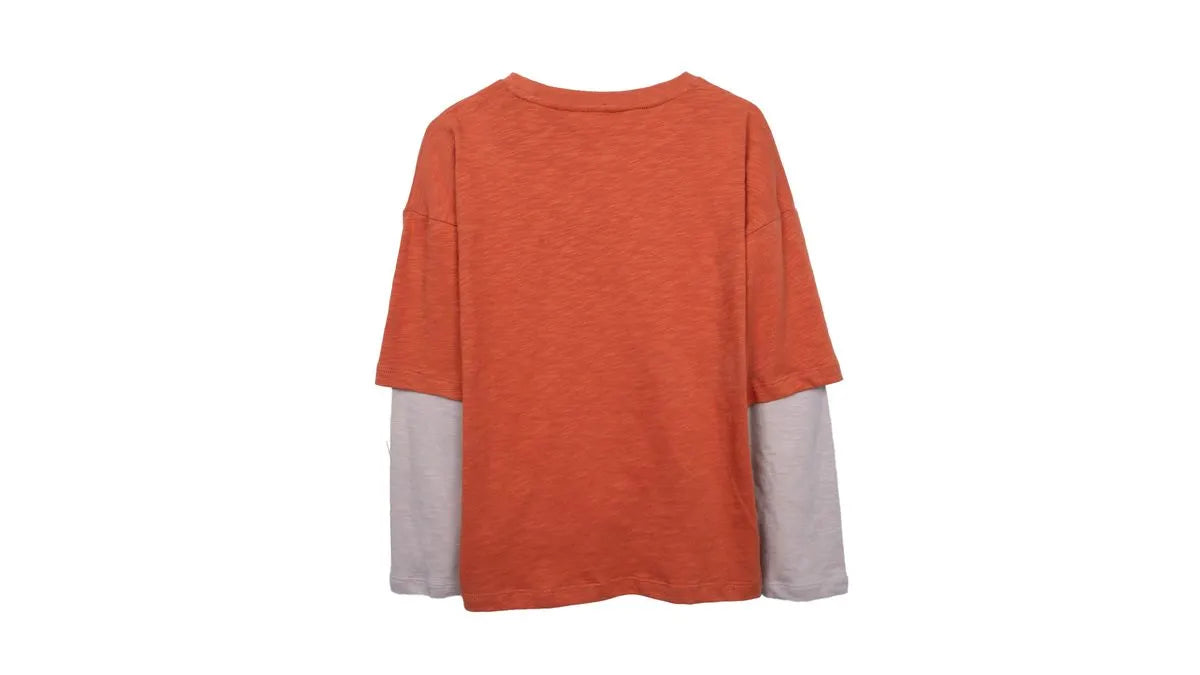 Polera Niño Doble Manga Estampado Montaña Naranjo