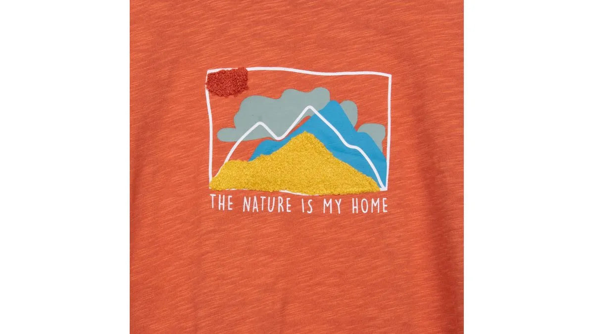 Polera Niño Doble Manga Estampado Montaña Naranjo