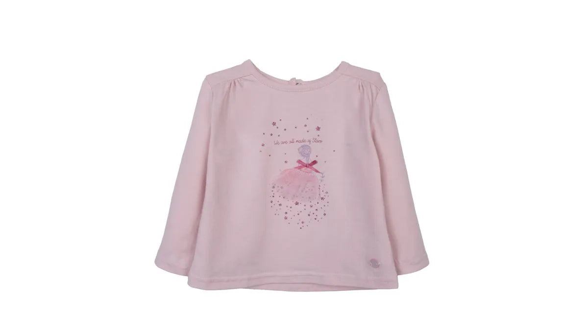 Polera Bebé Niña Manga Larga Bailarina y Brillos Palo Rosa