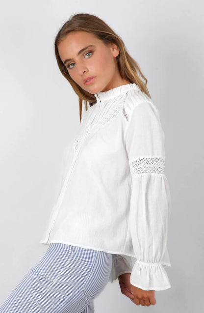 Blusa Mujer Pliegues Broderie White