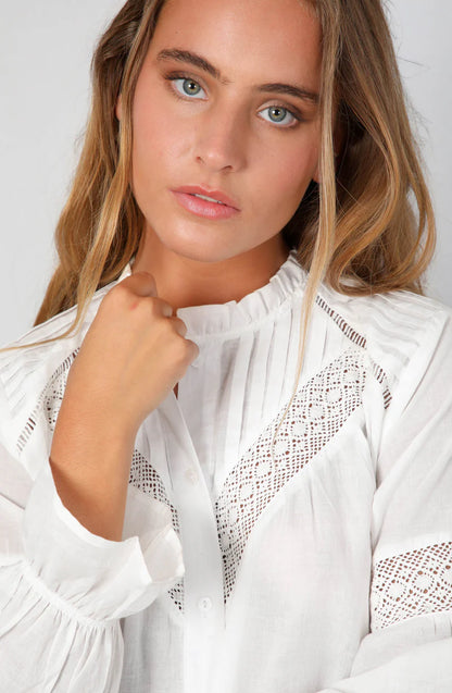 Blusa Mujer Pliegues Broderie White