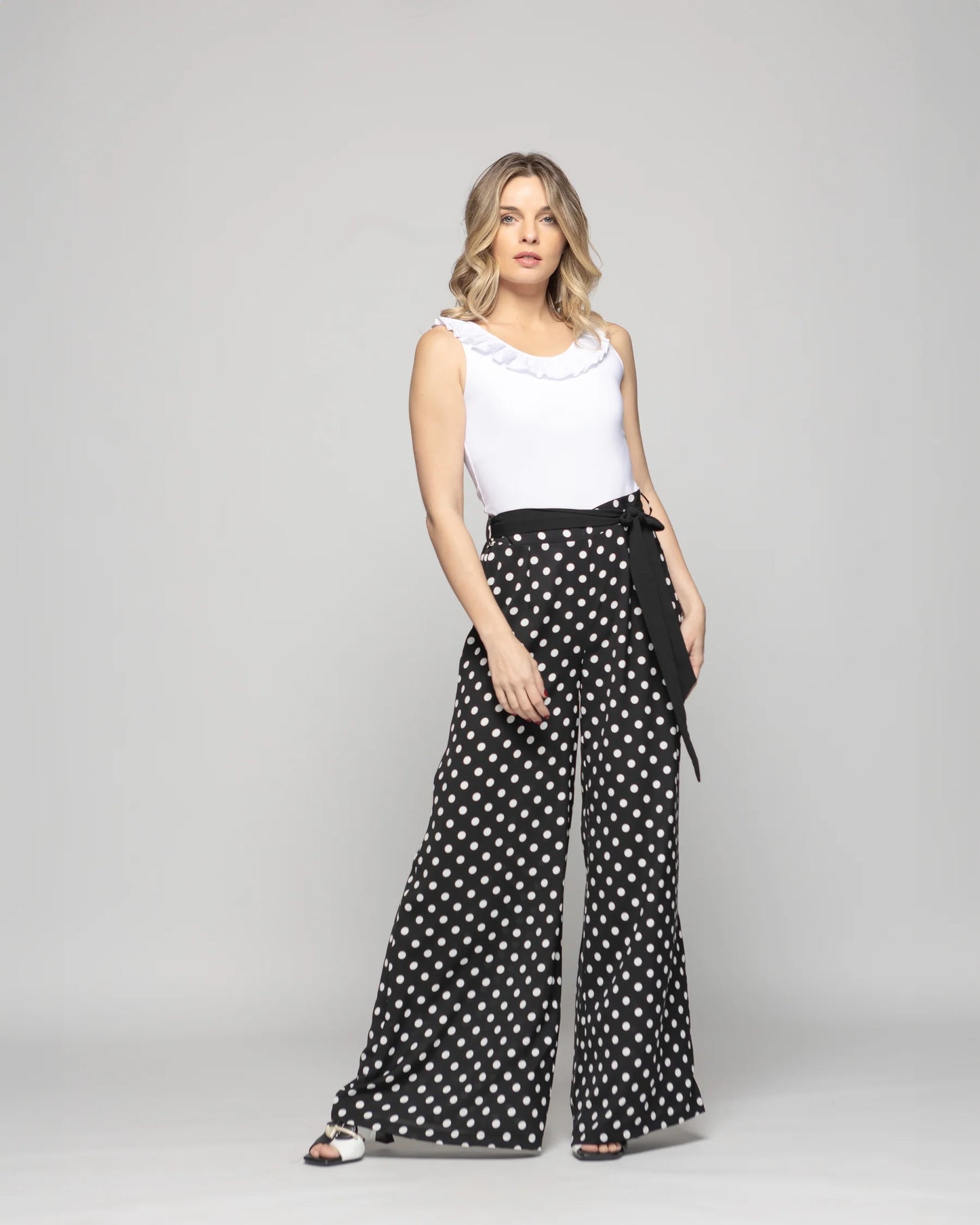 Pantalón Mujer Brionia Palazzo Viscosa Con Lazo Lunares Blancos Negro Ludovica