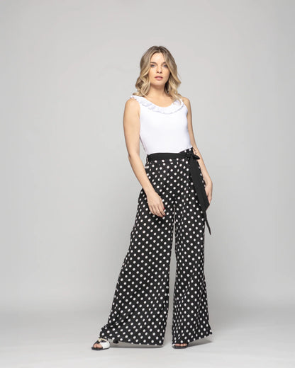 Pantalón Mujer Brionia Palazzo Viscosa Con Lazo Lunares Blancos Negro Ludovica