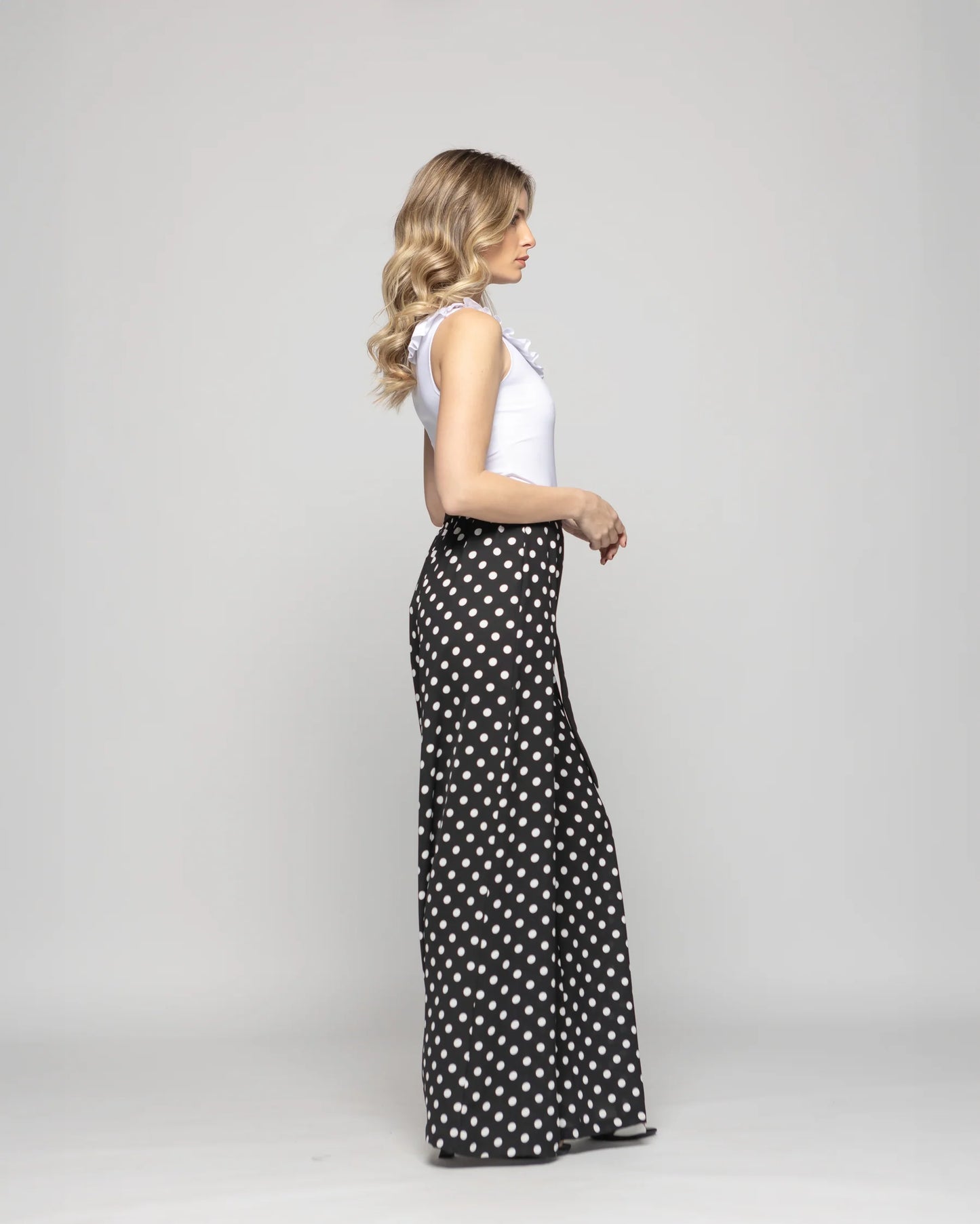 Pantalón Mujer Brionia Palazzo Viscosa Con Lazo Lunares Blancos Negro Ludovica