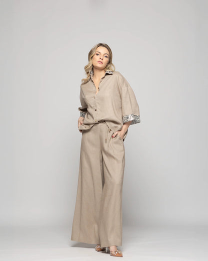 Pantalón Mujer Fresia Viscosa Lino Palazzo Beige Ludovica