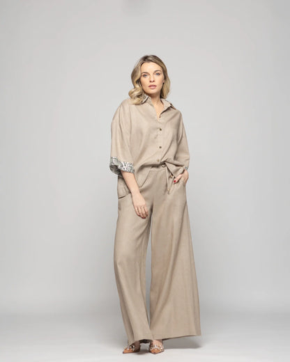 Pantalón Mujer Fresia Viscosa Lino Palazzo Beige Ludovica