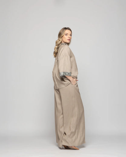 Pantalón Mujer Fresia Viscosa Lino Palazzo Beige Ludovica