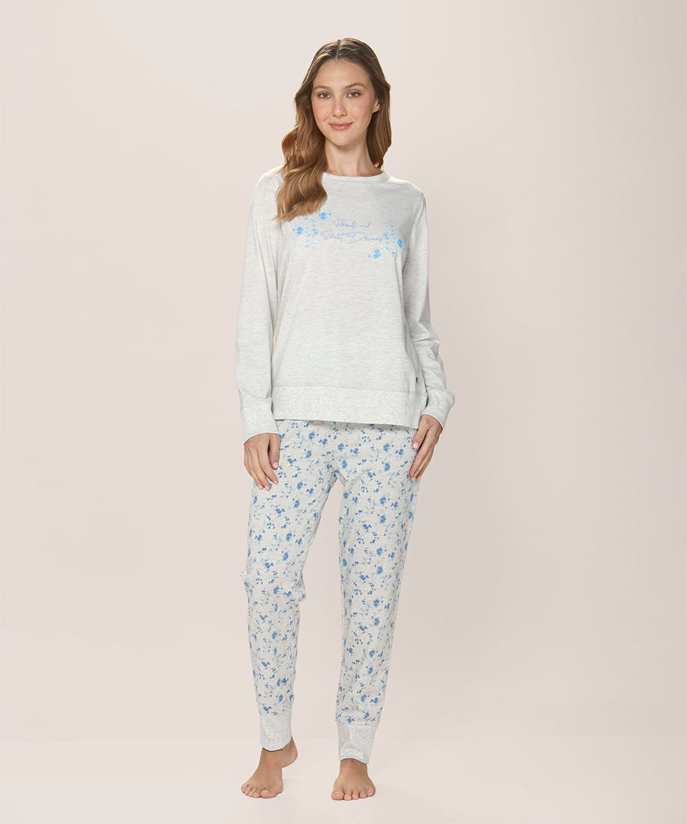 Pijama Mujer Cotton Con Diseño Floral Celeste
