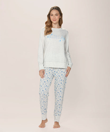 Pijama Mujer Cotton Con Diseño Floral Celeste