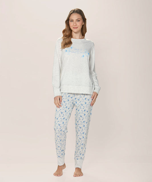 Pijama Mujer Cotton Con Diseño Floral Celeste