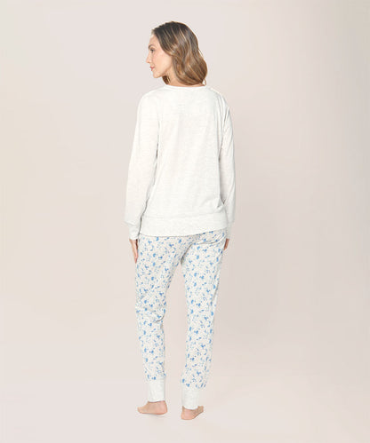 Pijama Mujer Cotton Con Diseño Floral Celeste