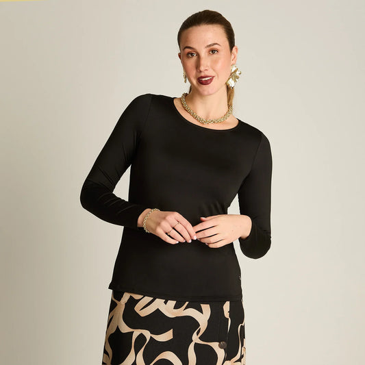 Polera Básica Mujer Manga Larga Escote Redondo Negra