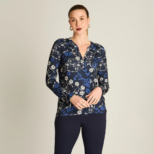 Polera Mujer Estampada Manga Larga Con Escote Mao Azul