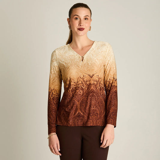 Polera Mujer Estampada Manga Larga con Detalles En El Escote Beige