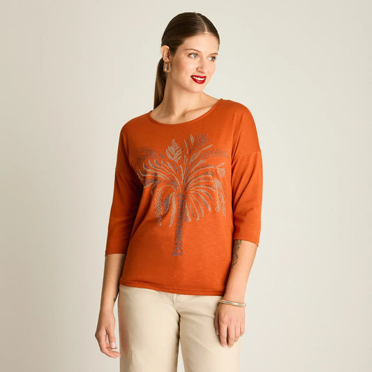Polera Mujer Manga 3/4 Estampada Terracota