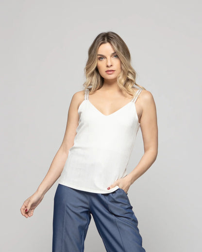 Polera Mujer Nardo Escote V Tirantes Blanca Crudo Ludovica