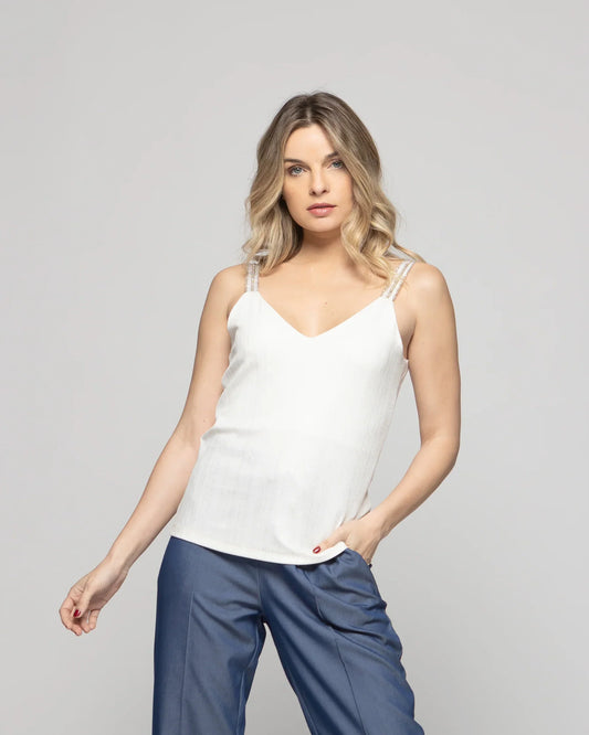 Polera Mujer Nardo Escote V Tirantes Blanca Crudo Ludovica