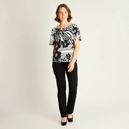 Polera Mujer Negra Estampada Manga Corta