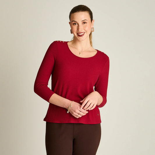 Polera Rib Mujer Manga 3/4 con Aplicación en Hombros Rojo