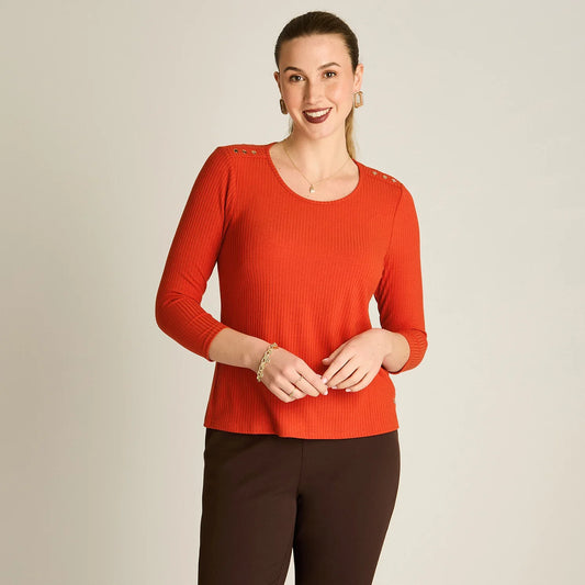 Polera Rib Mujer Manga 3/4 con Aplicación en Hombros Terracota