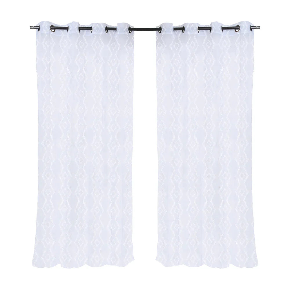 Set Cortinas Velo Bordado Argolla 140x220 Rombo Blanco