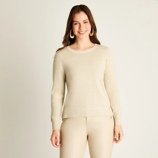 Sweater Mujer Arena con Ribete Contrastado