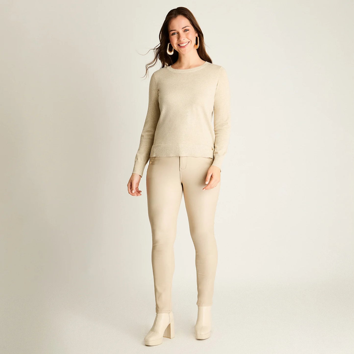 Sweater Mujer Arena con Ribete Contrastado