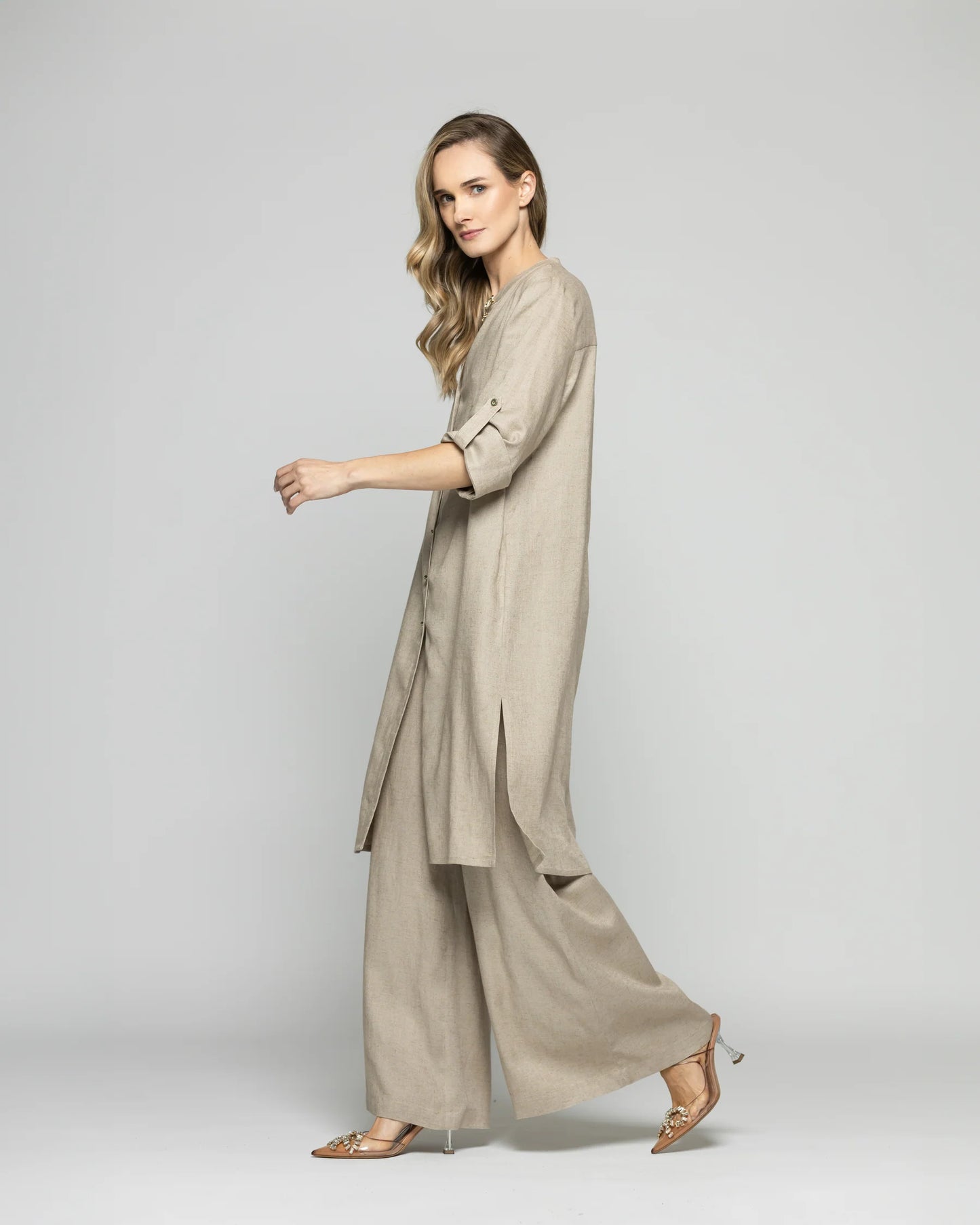 Túnica Vestido Mujer Vinca Camisero Cuello Mao Manga 34 Beige Ludovica