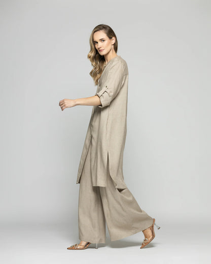 Túnica Vestido Mujer Vinca Camisero Cuello Mao Manga 34 Beige Ludovica