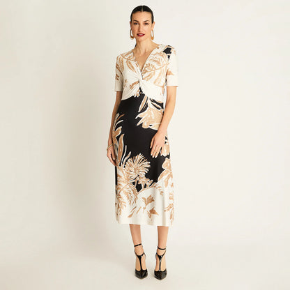 Vestido Mujer Midi Negro con Estampado Floral