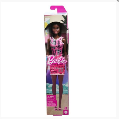 Muñeca Niña Morena Vestido Con Estampado Rosa