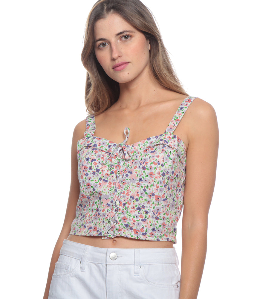 Peto Mujer s/m Estampado Floral Escote Corazon Pabilo Entrelazado Delantero Crudo