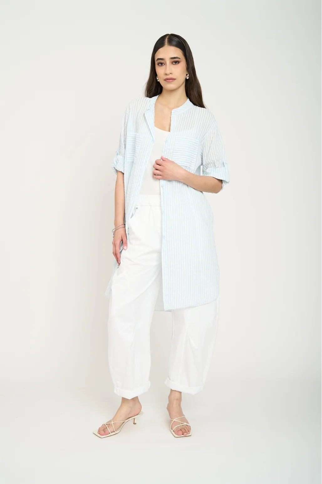 Bluson Camisero Largo Mujer A Rayas Cielo