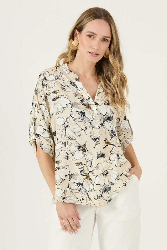 Blusa Mujer Manga Corta Cuello Mao Crudo
