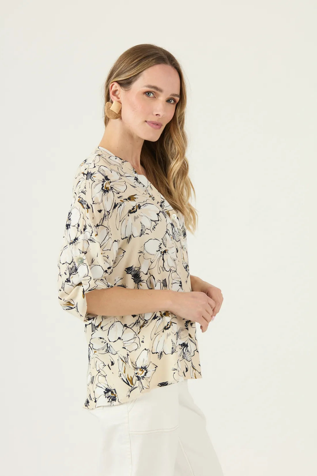 Blusa Mujer Manga Corta Cuello Mao Crudo