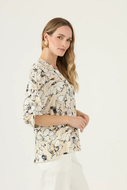 Blusa Mujer Manga Corta Cuello Mao Crudo