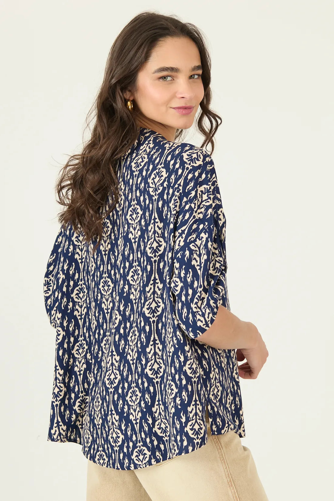 Blusa Mujer Manga Corta Cuello Mao Azul