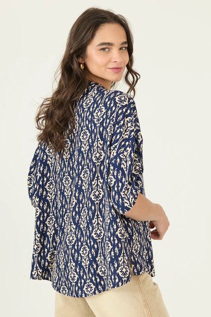 Blusa Mujer Manga Corta Cuello Mao Azul