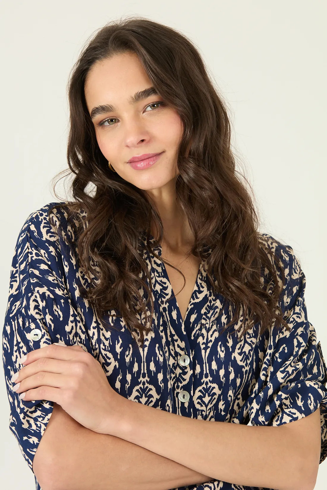 Blusa Mujer Manga Corta Cuello Mao Azul