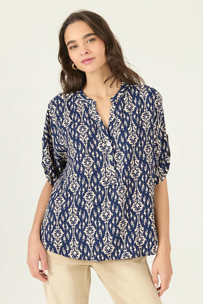 Blusa Mujer Manga Corta Cuello Mao Azul