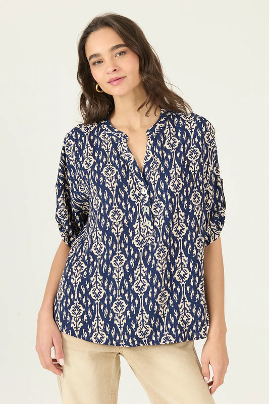 Blusa Mujer Manga Corta Cuello Mao Azul