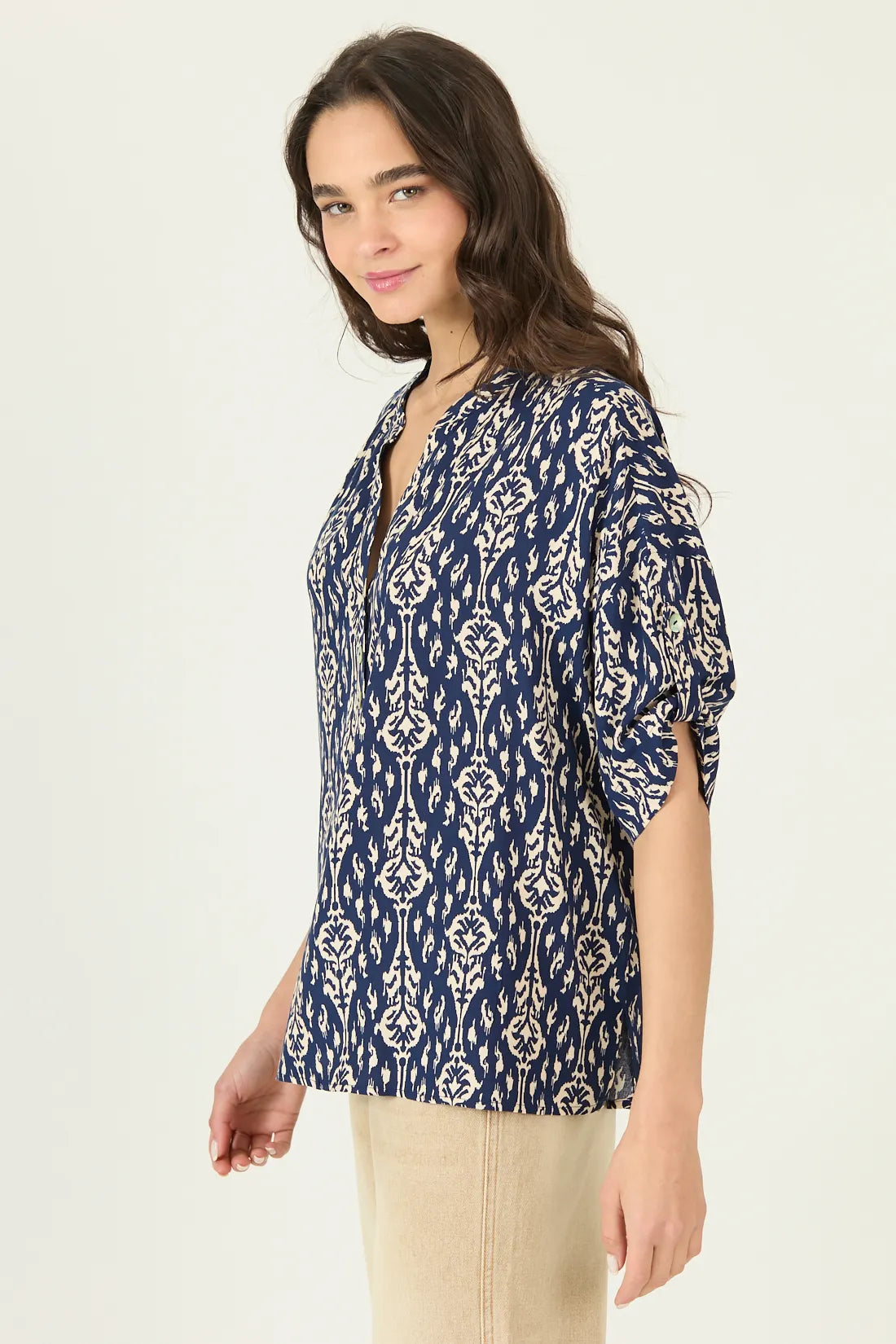 Blusa Mujer Manga Corta Cuello Mao Azul