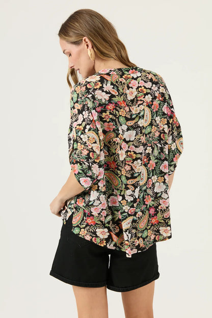 Blusa Mujer Manga Corta Cuello Mao Negro
